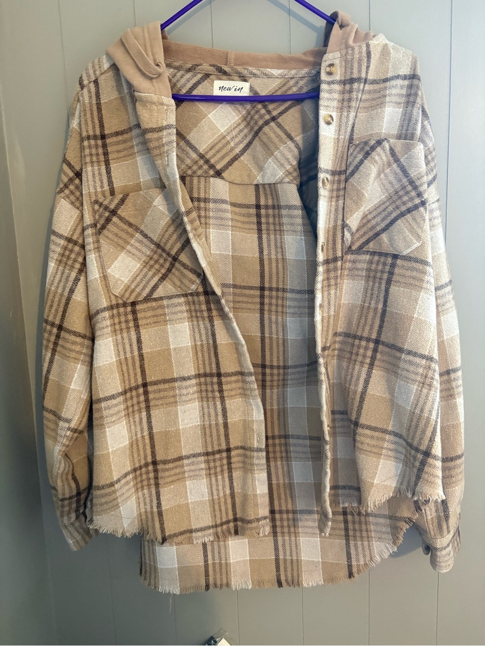 Beige Plaid Hooded Shacket - Neutral Plaid Button-Up